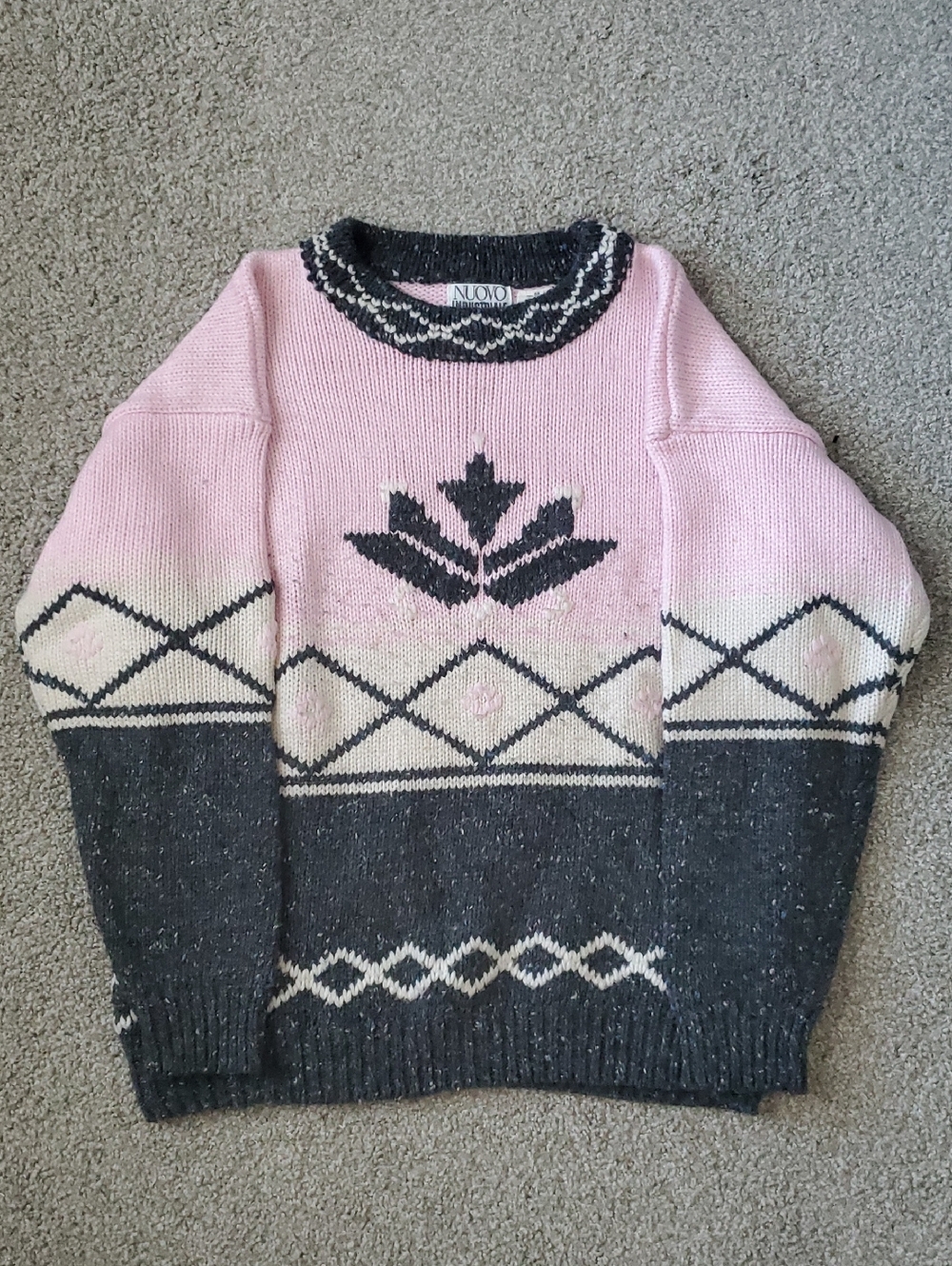 Nuovo Industriale Pink and Charcoal Vintage Patterned Crewneck Sweater Size M